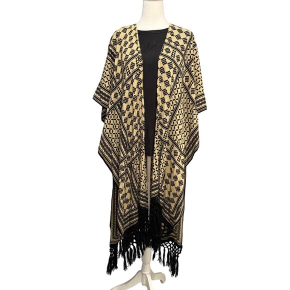Extra Touch Women’s Duster Kimono Fringe Hem Open Front 1X/2X Black Tan Boho - Picture 1 of 8